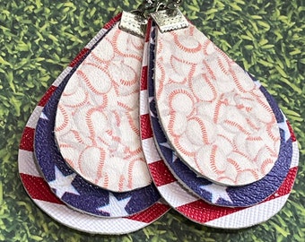 Baseball earrings, Stars and Stripes, leather earrings, sports jewelry