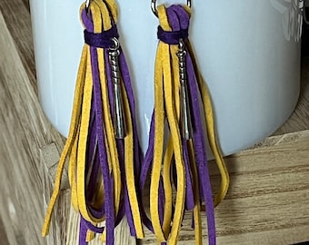 Purple and gold baseball fringe earrings with charm, custom baseball earrings