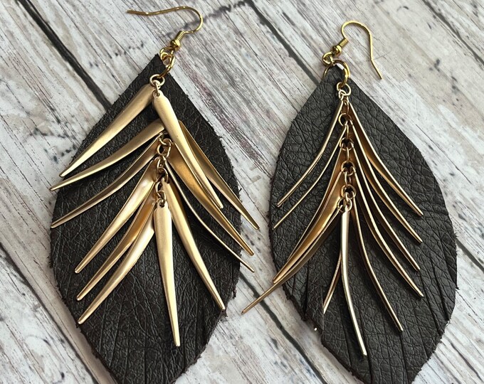 Leather earrings, charm leather earrings, fringed brown leather, boho earrings, brown. Leather, gold charms, unique