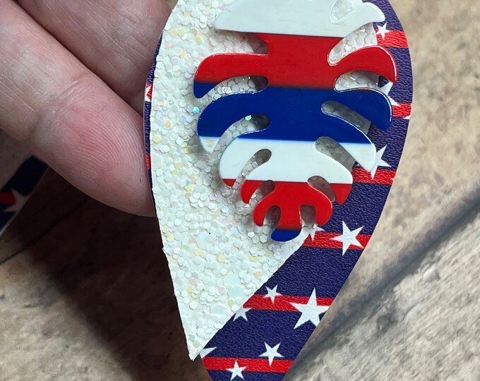 Patriotic earrings, leaf earrings, Stars and Stripes, America, triple layered charm America earrings.