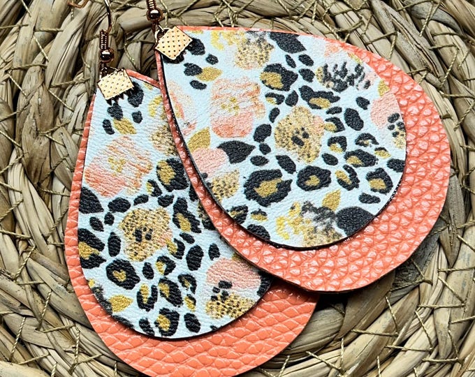 Leopard earrings, peach leopard layered teardrop earrings, ready to ship.