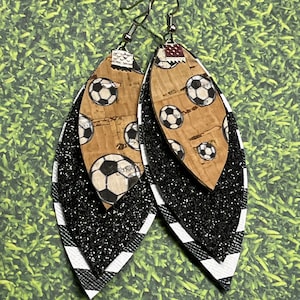 Soccer earrings, assorted sizes, cork soccer earrings, teardrop soccer earrings, sports jewelry, soccer jewelry, cork, sports, large stripe