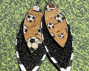 Soccer earrings, assorted sizes, cork soccer earrings, teardrop soccer earrings, sports jewelry, soccer jewelry, cork, sports, large stripe