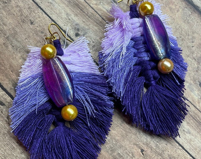 Purple earrings, gold and purple dangle beads