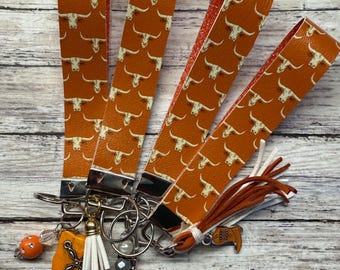 Handmade Longhorn Steer Head Wristlet Keychain, Western Fob Charm