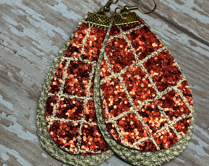 Red and gold textured earrings, glitter earrings
