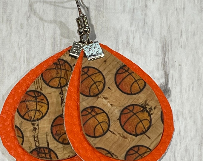 Basketball earrings, cork basketball earrings, orange earrings