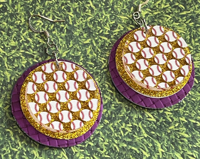 Baseball earrings, softball earrings, purple gold, maroon white, round, sports earrings