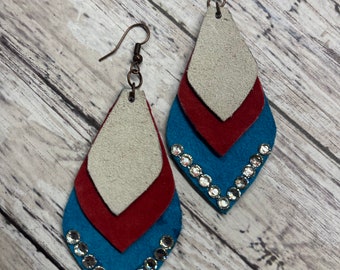 Western leather earrings, layered leather earrings with bling