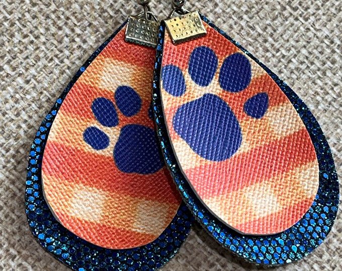 Orange and blue paw earrings, paw print earrings, pawprint earrings, orange, blue, school spirit