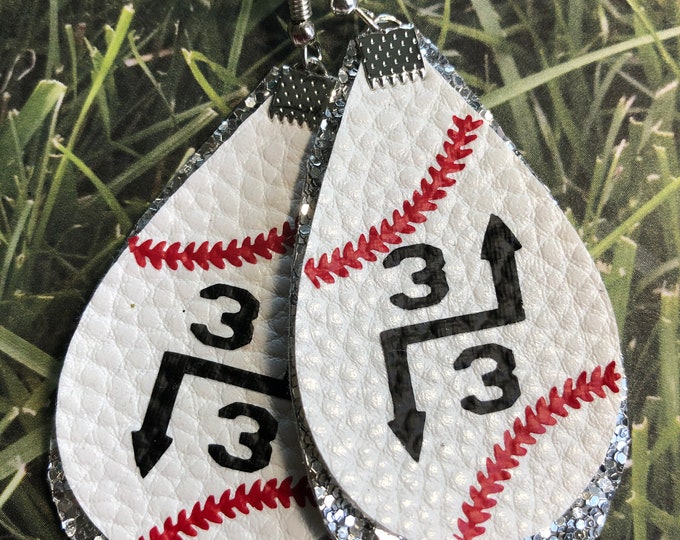 Baseball earrings, three up, three down, baseball.