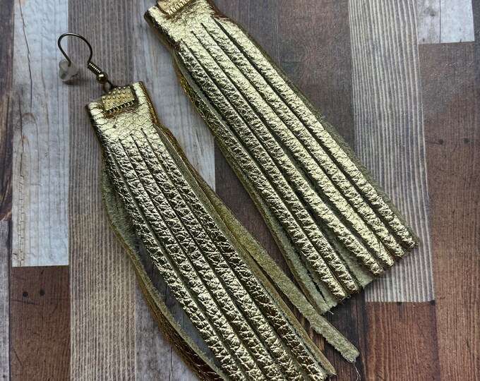 Gold Fringe leather earrings, long leather gold earrings, fringed, boho earrings, leather, ready to ship.