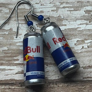 Red Bull earrings, charm earrings, glitter, novelty, Red Bull jewelry, energy drink, ready to ship.