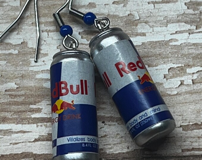 Red Bull earrings, charm earrings, glitter, novelty, Red Bull jewelry, energy drink, ready to ship.