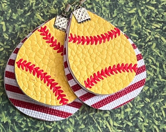 Softball earrings, red stripe softball, stripes, softball jewelry, sports jewelry