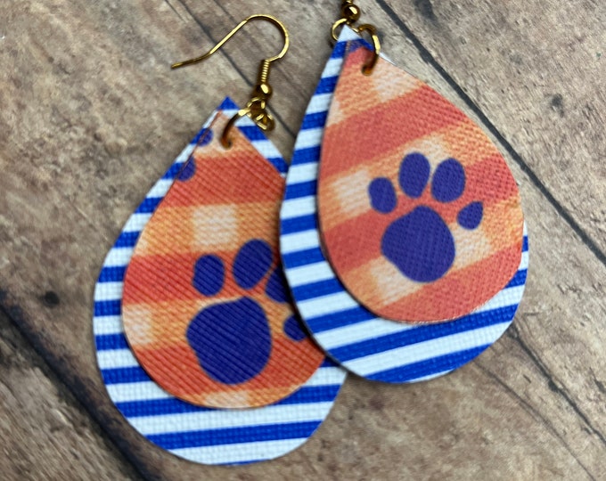 Blue paw and orange earrings, school mascot earrings, orange blue paw, paw prints, orange plaid earrings
