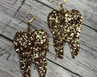 Glitter Tooth Earrings, Faux Leather, Lightweight, Nickel-Free Hooks