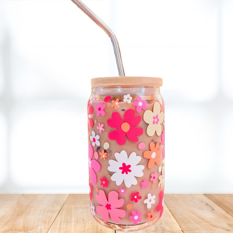 Flower Glass Cup With Bamboo Lid and Glass Straw Etsy