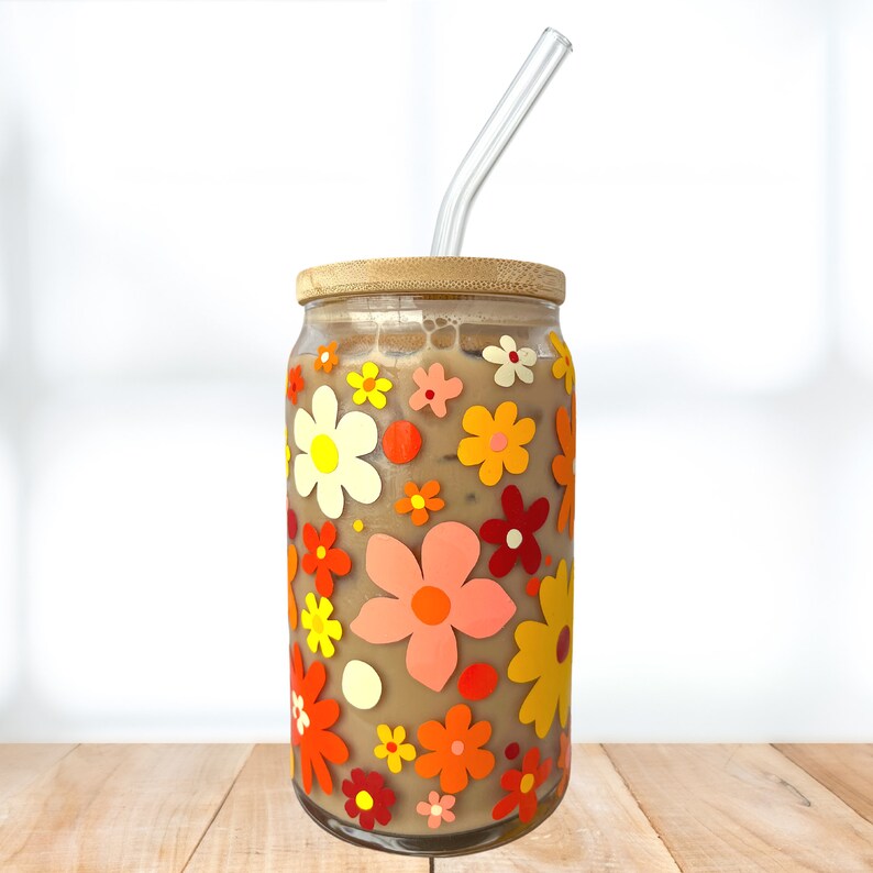 Flower Glass Cup With Bamboo Lid and Glass Straw Etsy