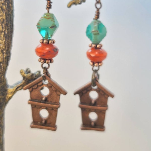 Turquoise Birdhouse Earrings with Orange