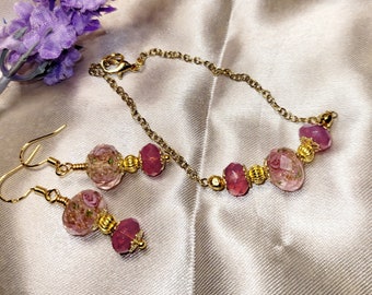 Pink Rose Drop Earrings and Bracelet Set*Handmade