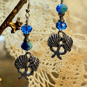 Seashell drop Earrings Green and Blue with Silver* Hypoallergenic