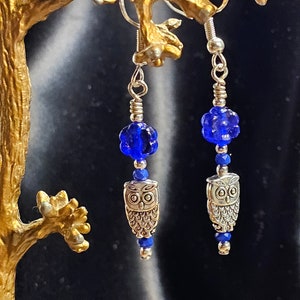 Owl with Cobalt Blue Drop Earrings