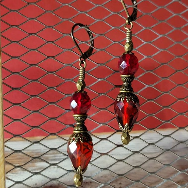 Romantic Victorian Ruby Red Drop Earrings