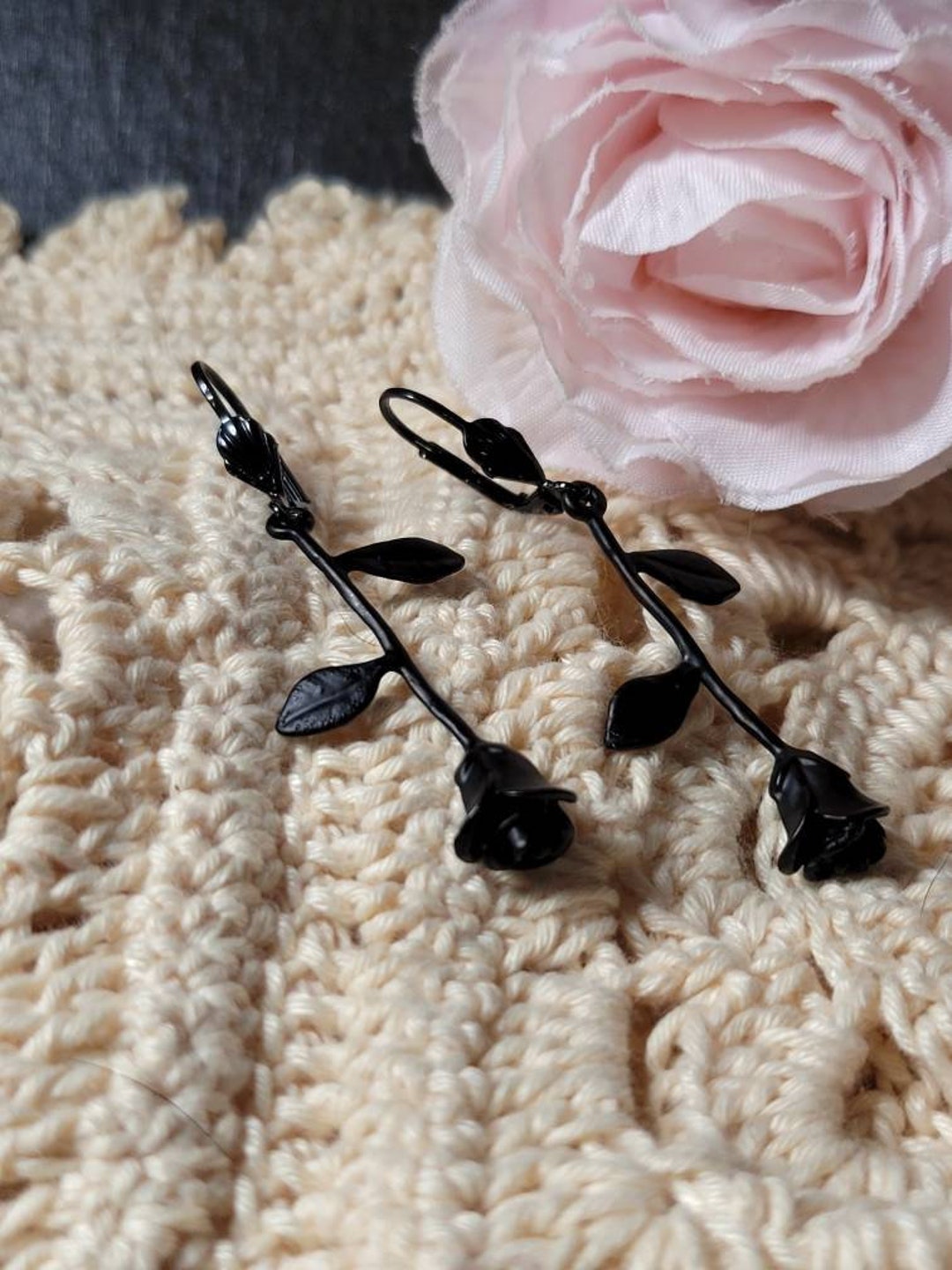 Black Rose Earrings Black Long Stem Rose Earrings Etsy