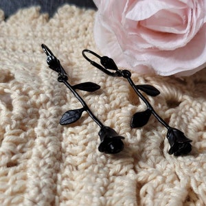 Black Rose Earrings * Black Long Stem Rose earrings