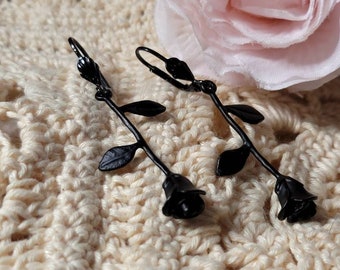 Black Rose Earrings * Black Long Stem Rose earrings