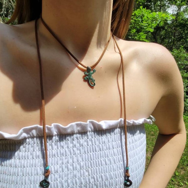 Gecko Lizard Necklace * leather wrap Necklace *