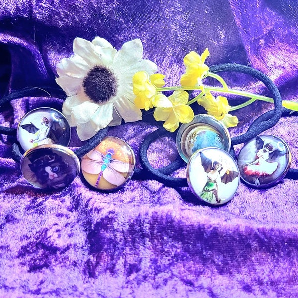 Hair Ties with Moon,Dragonfly, Steam punk Cat and Black Wing Dancers