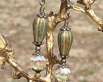 Boho Olivine Teardrop with Ivory Window bead Earrings *Czech Glass Earrings