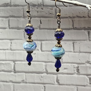 Blue Swirl handmade Lampwork glass Long Drop  Earrings