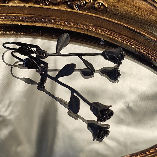 Black Rose Long Stem Earrings: Hypoallergenic Leverbacks