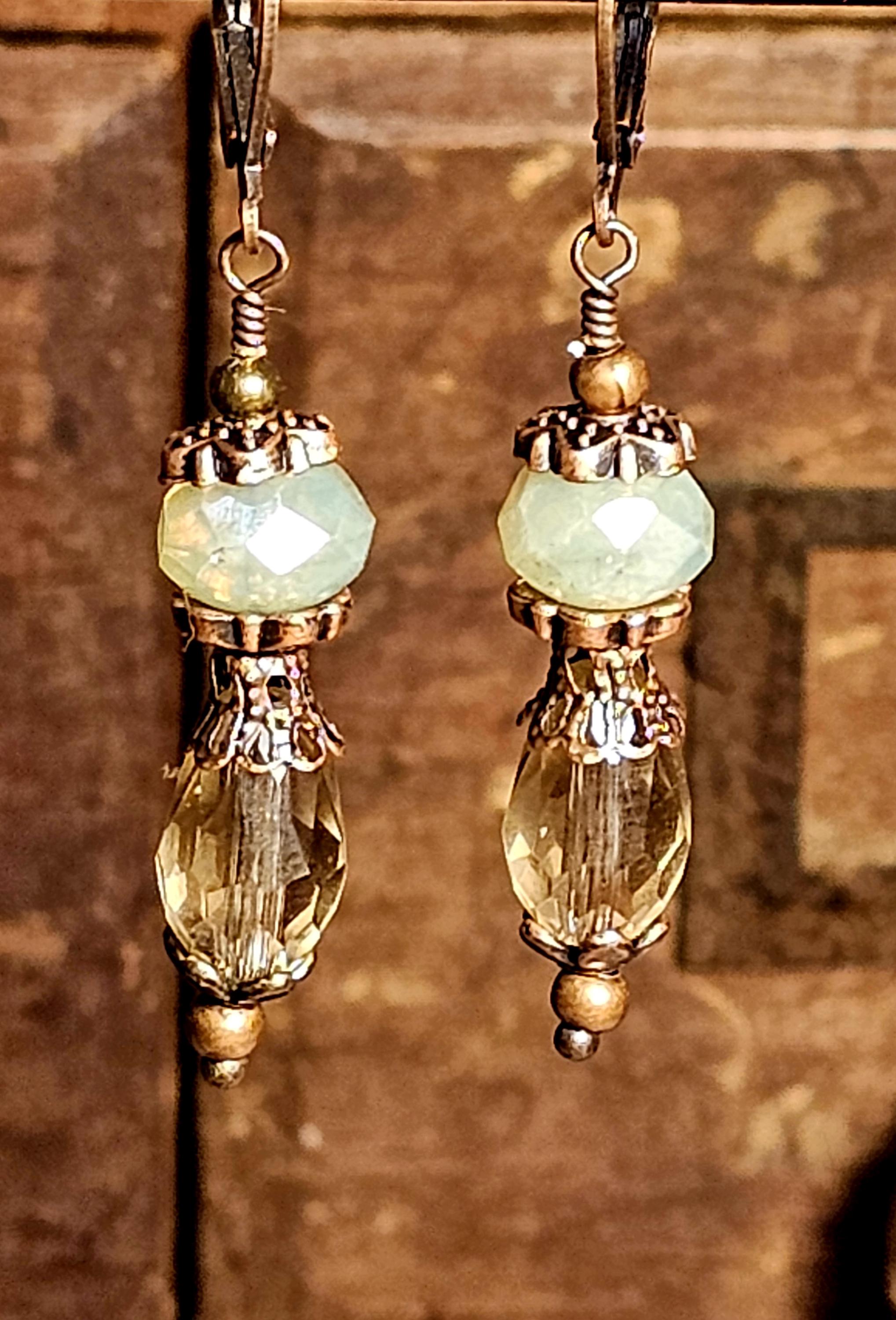 Victorian  Celery Green and Copper Czech Glass Earrings