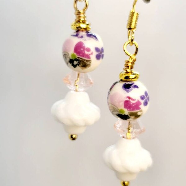 Milk glass and hand painted beaded Earrings