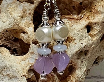 Lavender & Pearl Glass Earrings *Handmade Silver Earrings