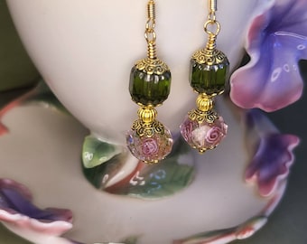 Victorian Vintage Inspired handmade Lampwork glass Pink Rose bead with GreenCathedral  Czech bead Earrings