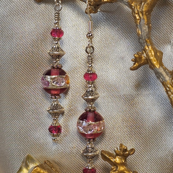 Victorian Fushia Pink Lampwork Bead Silver Handmade Earrings