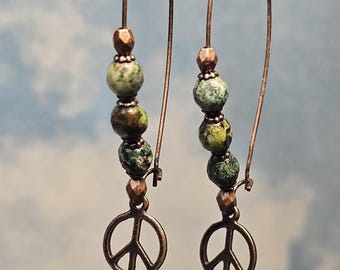 Boho koperen vrede koperen oorbellen met echte drakenbloedsteenkralen