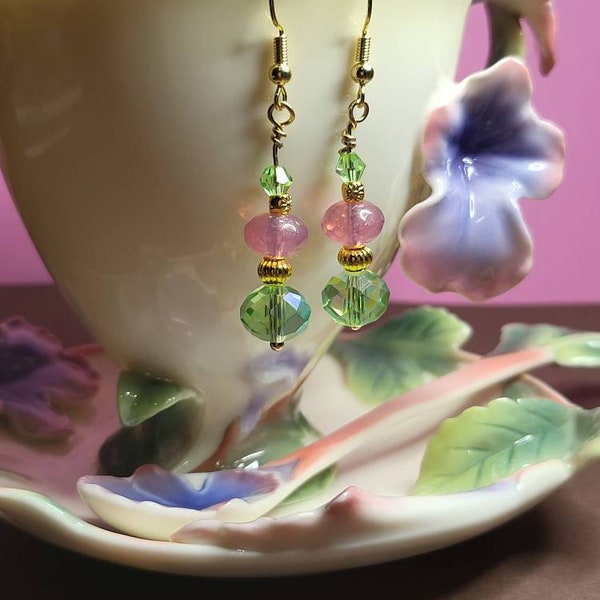 Old Fashioned *  Opaque Pink & Peridot Glass* Earrings