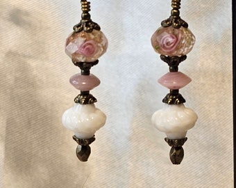 1920s Milk Glass and Handpainted Pink Rose Glass Bead Drop Earrings