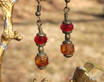 Romantic Victorian Ruby Red and Topaz Czech Glass Earrings