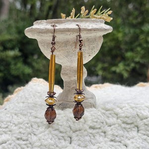 Boho Long Amber and Brown Czech Glass Drop Earrings