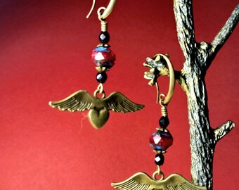 Boho Heart with Wings Red Drop Earrings
