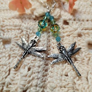 Silver Dragonfly Earrings with blue flower Czech glass beads