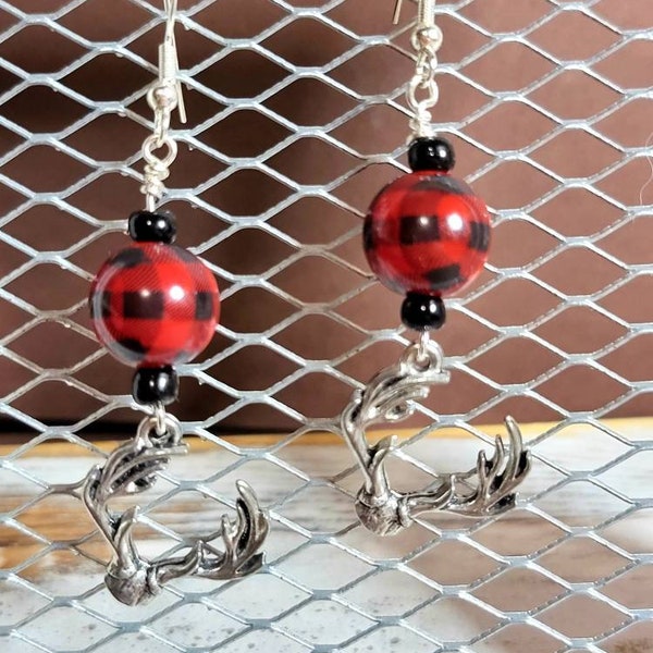 Country Girl inspired Handmade Buck Deer Antler Earrings with Red Buffalo Plaid Bead. Boho Shabby Chick fun