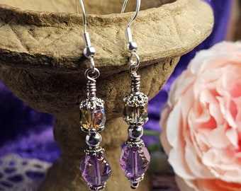 Pendientes colgantes de cristal con orquídea y lavanda en plata *Hipoalergénicos